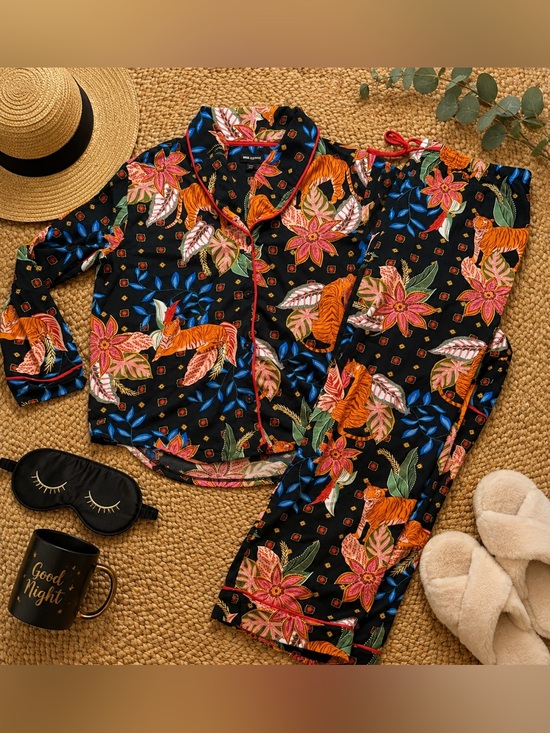 Room Service Other - Room Service Floral Tiger Print Pajama Set Women’s XXL Black Button Front Lounge